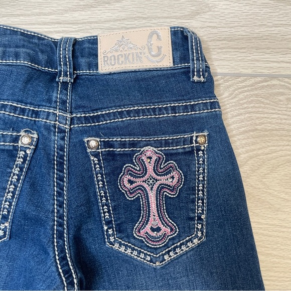 Rockin C Pink Cross Embroidered Pocket Western Bootcut Blue Jeans Girl’s Size 8 - Picture 6 of 13